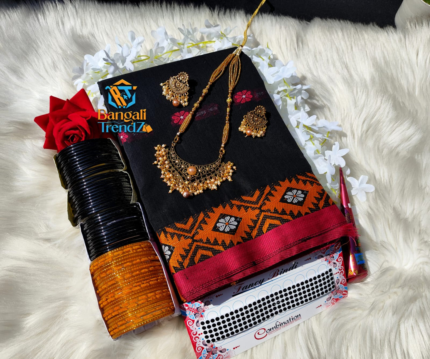 Silk + Cotton Black Sari