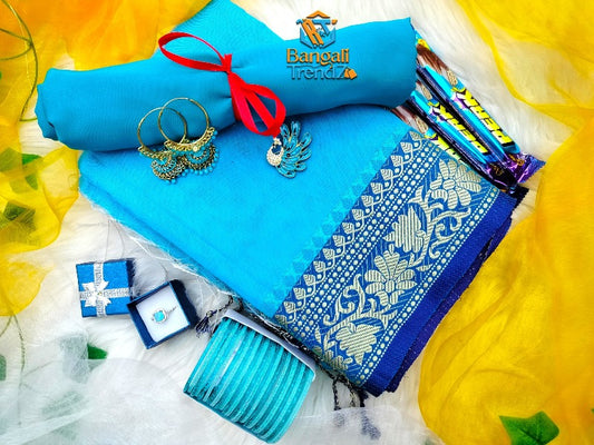 Sky Blue High Quality Silk Saree With Combo