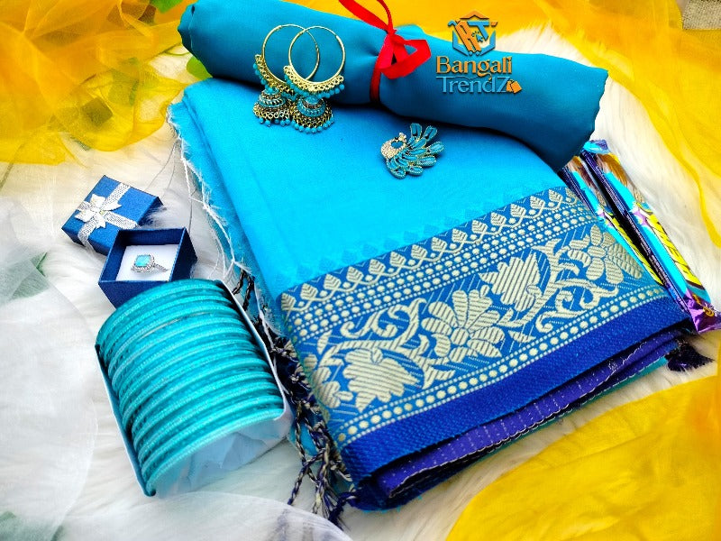 Sky Blue High Quality Silk Saree With Combo