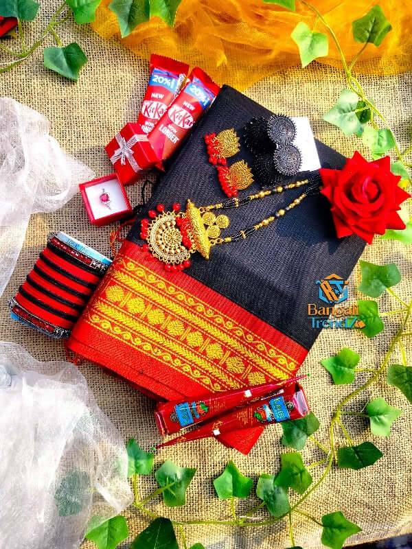 Pure cotton black saree with red pyre