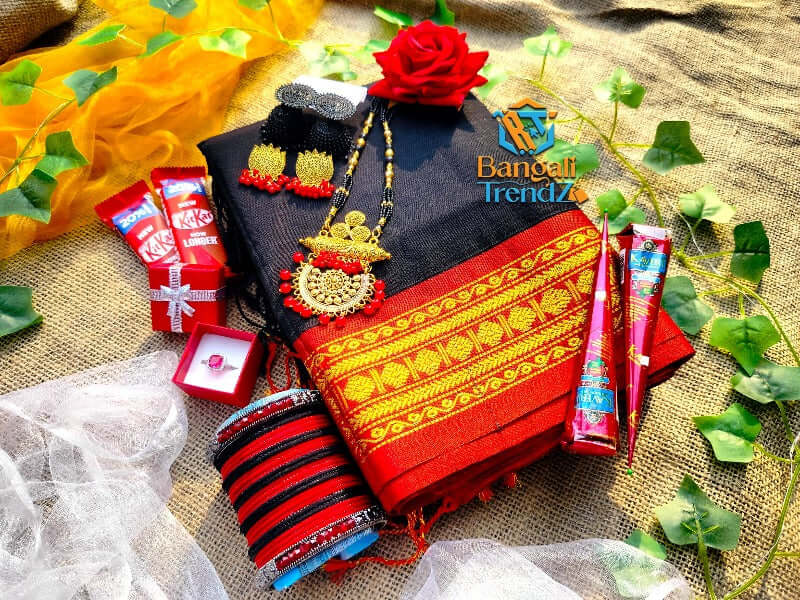 Pure cotton black saree with red pyre