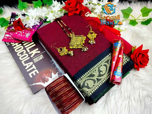 Maroon cotton saree combo by Pure Tangail